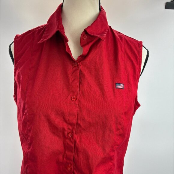 Petite Sophisticate Red Sleeveless Button Front Blouse Women’s M Petite USA Flag - Picture 2 of 6